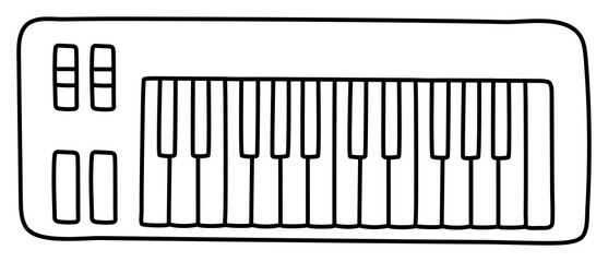 Midi keyboard. Musical instrument line sketch. Outline black and white illustration
