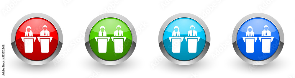 Aufkleber debate, business presentation web icons, set of silver metallic round buttons isolated on white back