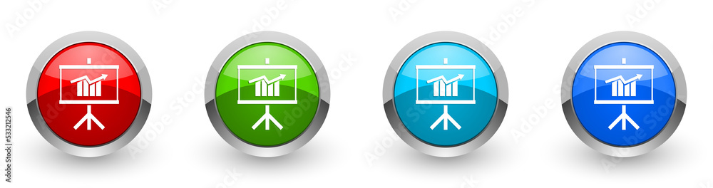 Fototapete presentation and training web icons, set of silver metallic round buttons isolated on white backgrou