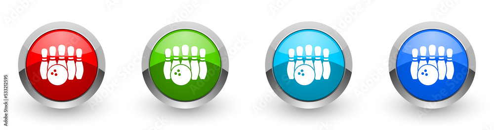 Poster bowling web icons, set of silver metallic round buttons isolated on white background