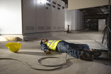Accident from work of an electrician or maintenance worker lying unconscious on floor in the...