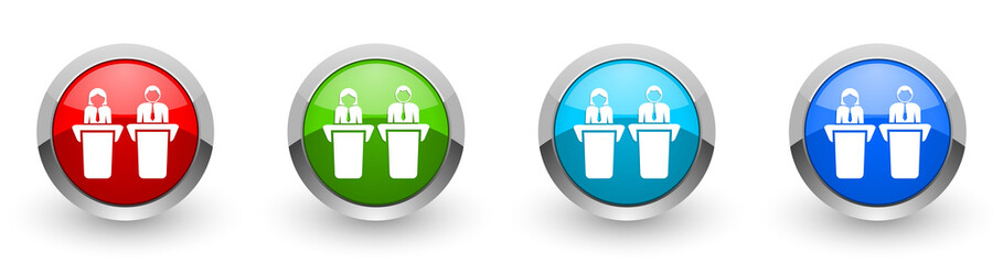 Debate, business presentation web icons, set of silver metallic round buttons isolated on white background