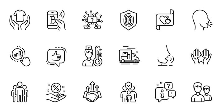 Outline set of Love letter, Couple and Graph chart line icons for web application. Talk, information, delivery truck outline icon. Include Family insurance, Group, Thermometer icons. Vector