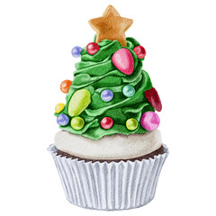 Watercolor clipart Christmas tree cupcake Dessert Star Cookie Sprinkles Transparent background png
