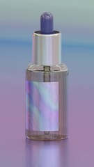 Luxury dropper transparent glass container with pearlescent label, single object on holographic style modern abstract background, concept of medical and beauty procedures, 16x9 3D rendering