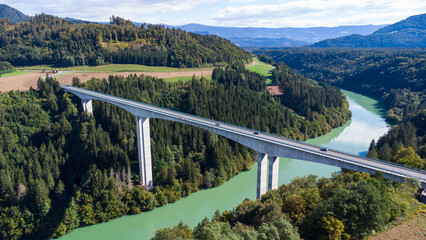 Aerial view of the Jauntal road bridge over the river Drau in Carinthia