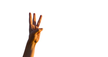 Hand making number three gesture on transparent background.