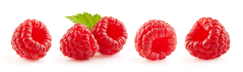 Raspberries in closeup on white background
