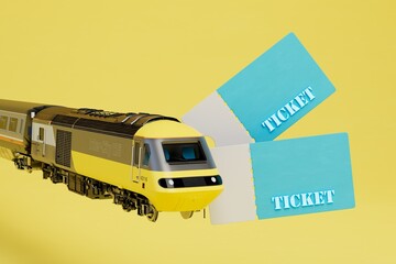 purchase of train tickets. train and tickets for it on a yellow background. 3D render