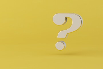 A white question mark on a yellow background. copy paste, copy space. 3D render