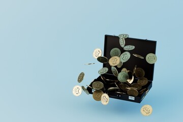 storage of cash in the case. open black case with dollar coins on a blue background. copy paste, copy space. 3D render