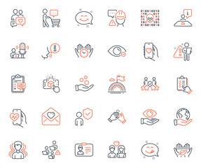 People icons set. Included icon as Health eye, Binary code and Security agency web elements. Clapping hands, Yummy smile, Identification card icons. Group, Teamwork, Smile chat web signs. Vector