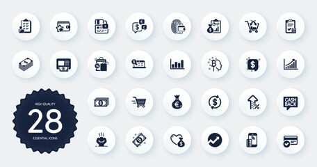 Set of Finance icons, such as Bitcoin think, Report and Cross sell flat icons. Money bag, Graph chart, Donation web elements. Shopping bags, Increasing percent, Money transfer signs. Vector