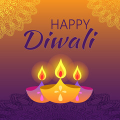 Happy Diwali celebration banner. Background design decorated with illuminated oil lamps. Hindu holiday. Festival of Lights. Vector illustration.