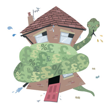 A Green Boa Constrictor With Pound Signs And Percentage Symbols Squeezing A Fearful Cartoon House Character. Showing The Cost Of Living Crisis And The Squeeze On Household Budgets Due To Inflation.