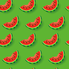 Green 3D seamless pattern background with watermelon slices for food, nature, summer vacation design.