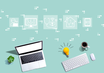 Telemedicine theme with computers with a light bulb from above