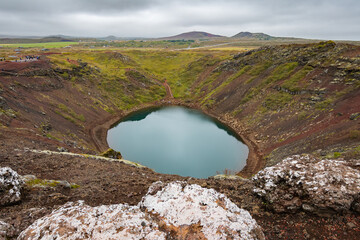 Landscape of the Kerid Vulcano crater and lake (Iceland)