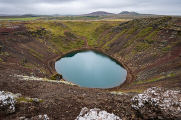 Landscape of the Kerid Vulcano crater and lake (Iceland)