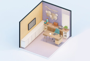 Teenagers study room isometric view in Bohemian aesthetics