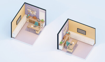 Teenagers study room isometric view in Bohemian style