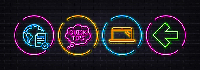 Laptop, Quick tips and Online voting minimal line icons. Neon laser 3d lights. Left arrow icons. For web, application, printing. Computer, Helpful tricks, Internet poll. Direction arrow. Vector