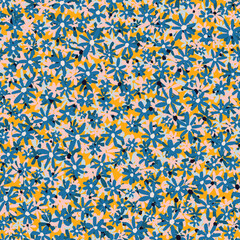 Ditsy daisy layering seamless repeat pattern. Vector, wildflowers all over surface print background.