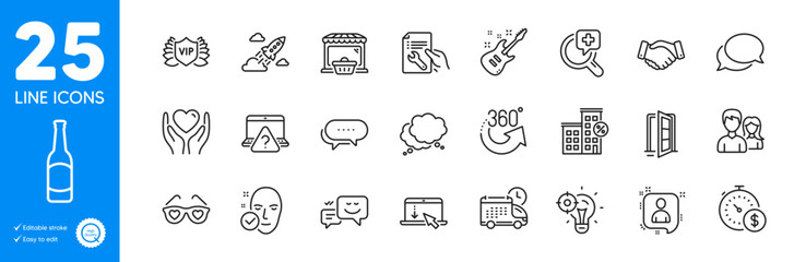 Outline icons set. Loan house, Scroll down and Medical analyzes icons. Speech bubble, Messenger, Hold heart web elements. Employees handshake, Online market, Health skin signs. Vector