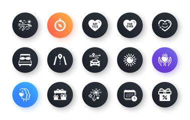 Minimal set of Smile chat, Calendar and Say yes flat icons for web development. Sun, Airplane travel, Fireworks icons. Travel compass, Hold heart, Heart web elements. Journey, Pillows, Road. Vector
