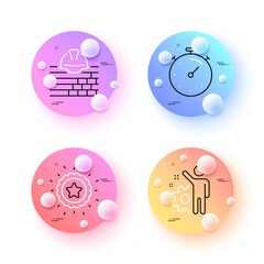Winner star, Build and Timer minimal line icons. 3d spheres or balls buttons. Employee icons. For web, application, printing. Best award, Construction service, Deadline management. Cogwheel. Vector