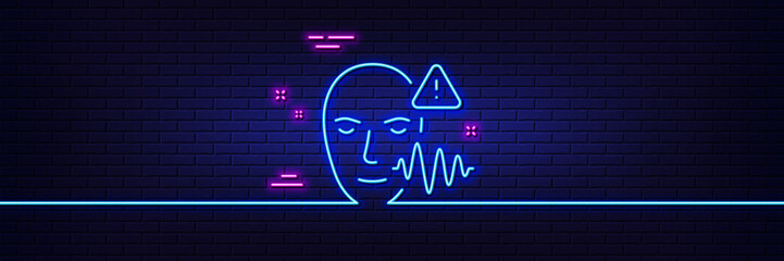 Neon light glow effect. Voice wave line icon. Face scan sign. Voice verification symbol. 3d line neon glow icon. Brick wall banner. Voice wave outline. Vector
