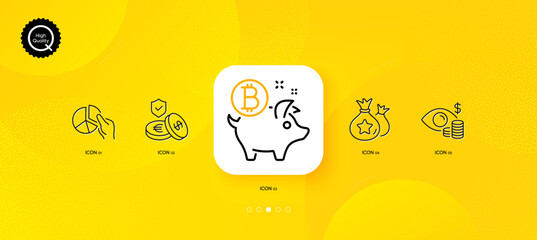 Fototapeta na wymiar Savings insurance, Loyalty points and Pie chart minimal line icons. Yellow abstract background. Bitcoin coin, Business vision icons. For web, application, printing. Vector