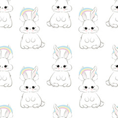 Obraz premium Cute rabbit with headphones. Bunny with rainbow, seamless pattern.