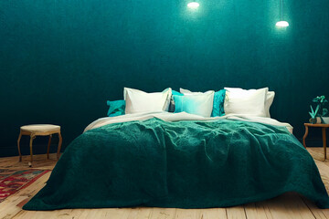 teal bedroom interior, abstract concept render, generative ai
