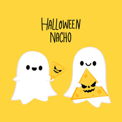 Obraz premium Halloween pumpkin faces on Nacho. Nacho vector. Nachos on yellow background. Cute ghost cartoon vector. Ghost character