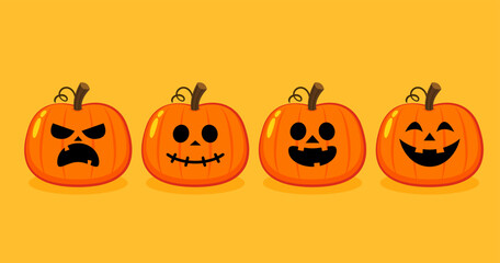 Naklejka premium Pumpkin head set. Cute and scary halloween pumpkin monster set. Holidays cartoon character in flat style collection.