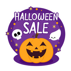 Happy halloween sale card with cute Skull and Pumpkin head. Holidays cartoon character. Trick or treat. Halloween funny cartoon.
