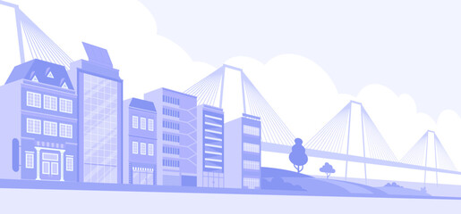 Obraz premium Light gray cityscape background with bridge. City buildings with trees at park view. Monochrome urban landscape. Modern architectural panorama in flat style. Vector illustration horizontal wallpaper