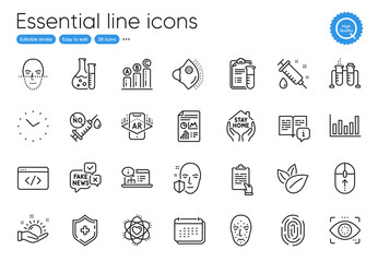 Graph chart, Face protection and Column chart line icons. Collection of Chemistry lab, Seo script, Calendar icons. Medical analyzes, Stay home, Manual web elements. Fingerprint. Vector