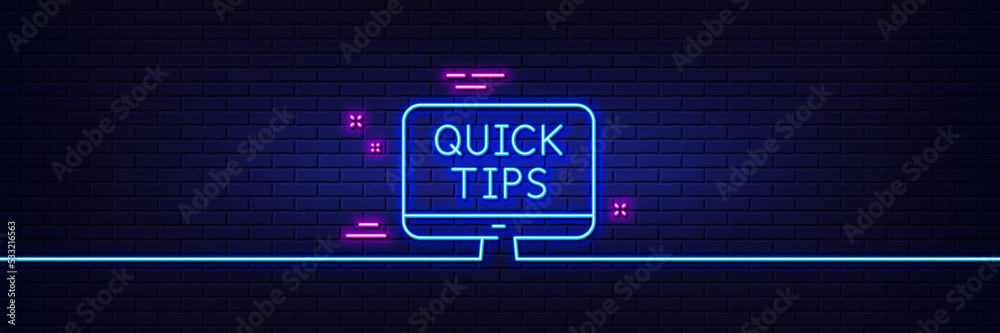 Poster neon light glow effect. quick tips line icon. helpful tricks sign. web tutorials symbol. 3d line neo