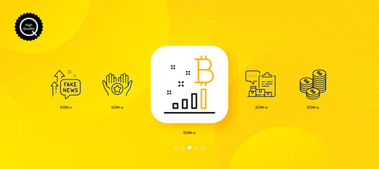 Fototapeta na wymiar Coins, Inventory report and Favorite minimal line icons. Yellow abstract background. Bitcoin graph, Fake news icons. For web, application, printing. Cash money, Warehouse control, Best rating. Vector