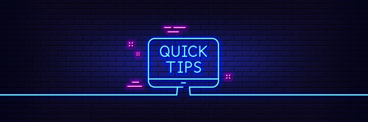 Fototapeta na wymiar Neon light glow effect. Quick tips line icon. Helpful tricks sign. Web tutorials symbol. 3d line neon glow icon. Brick wall banner. Web tutorials outline. Vector