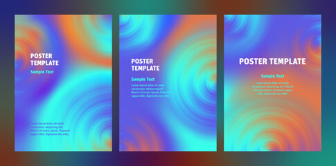 Set colorful abstract posters with gradient circles. Background template design with fluid spiral shapes and blurry colors. Multiple Swatches suggestions for easy Recolor Artwork.