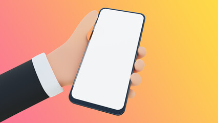 3d rendering of cellphone with white screen being held by hand, on background in shades of orange, minimalist