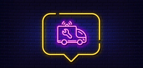 Neon light speech bubble. Spanner tool line icon. Car repair service sign. Fix instruments symbol. Neon light background. Car service glow line. Brick wall banner. Vector