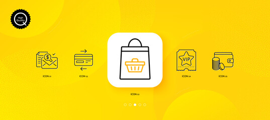 Fototapeta na wymiar Online buying, Accounting report and Vip ticket minimal line icons. Yellow abstract background. Credit card, Payment method icons. For web, application, printing. Vector