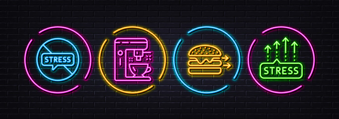 Fototapeta na wymiar Coffee maker, Food delivery and Stop stress minimal line icons. Neon laser 3d lights. Stress grows icons. For web, application, printing. Tea machine, Cheeseburger, Mental anxiety. Vector