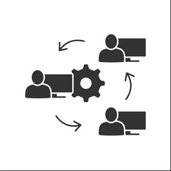 Sync devices glyph icon. Synchronize work between leader and employees. Cooperation. Synergy concept. Filled flat sign. Isolated silhouette vector illustration