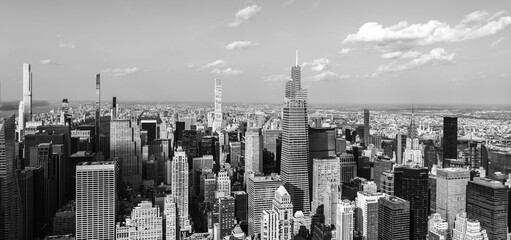 New York City skyline, panorama with skyscrapers in Midtown Manhattan, black and white