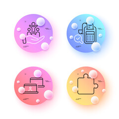 Bill accounting, Puzzle and Outsource work minimal line icons. 3d spheres or balls buttons. Inclusion icons. For web, application, printing. Audit report, Puzzle piece, Remote job. Vector